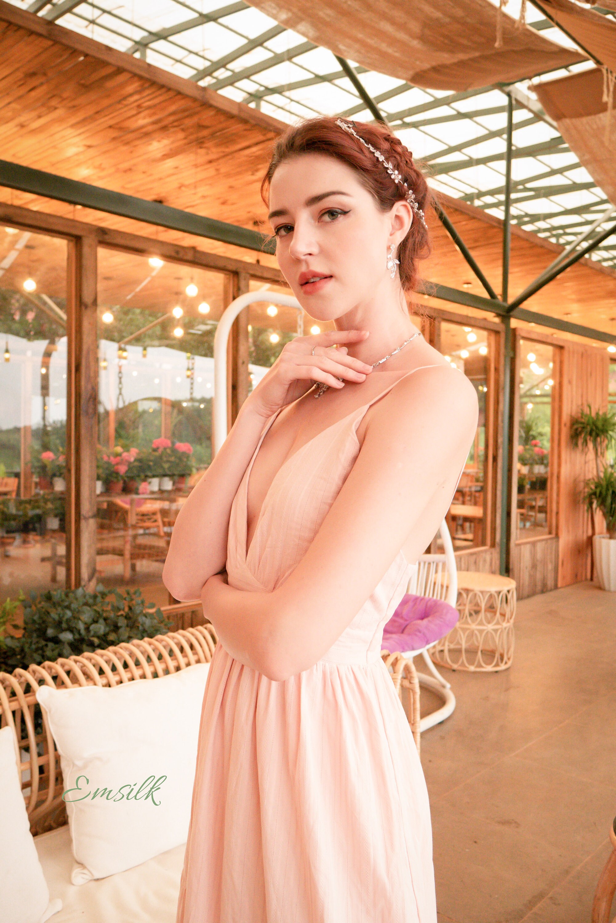 Embroidered Cotton Maxi Dress: Pale Pink Summer Dress with Ruffles