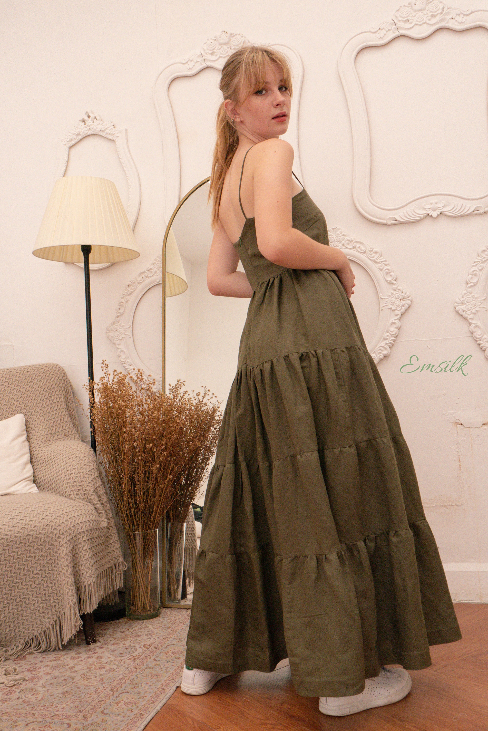 Dark Olive Green Linen Maxi Dress: Gathered Panel, Handmade