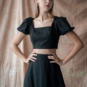 Black Linen set  /linen summer skirt and crop top/ Washed and soft linen dress/Apron style dress/Linen Tea dress/Cup style linen dress