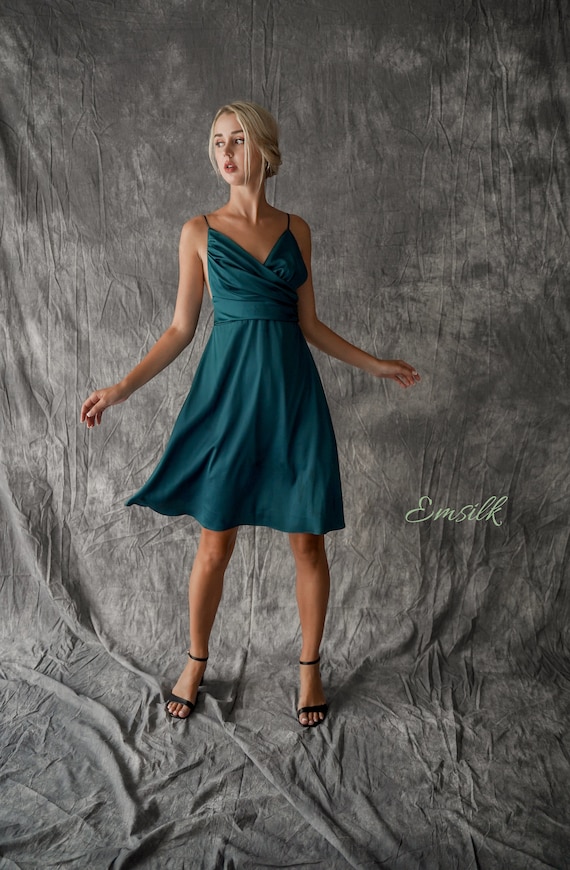 Teal 100 Silk Dress wrap Drape V Neck bridesmaid Dress simple Tea