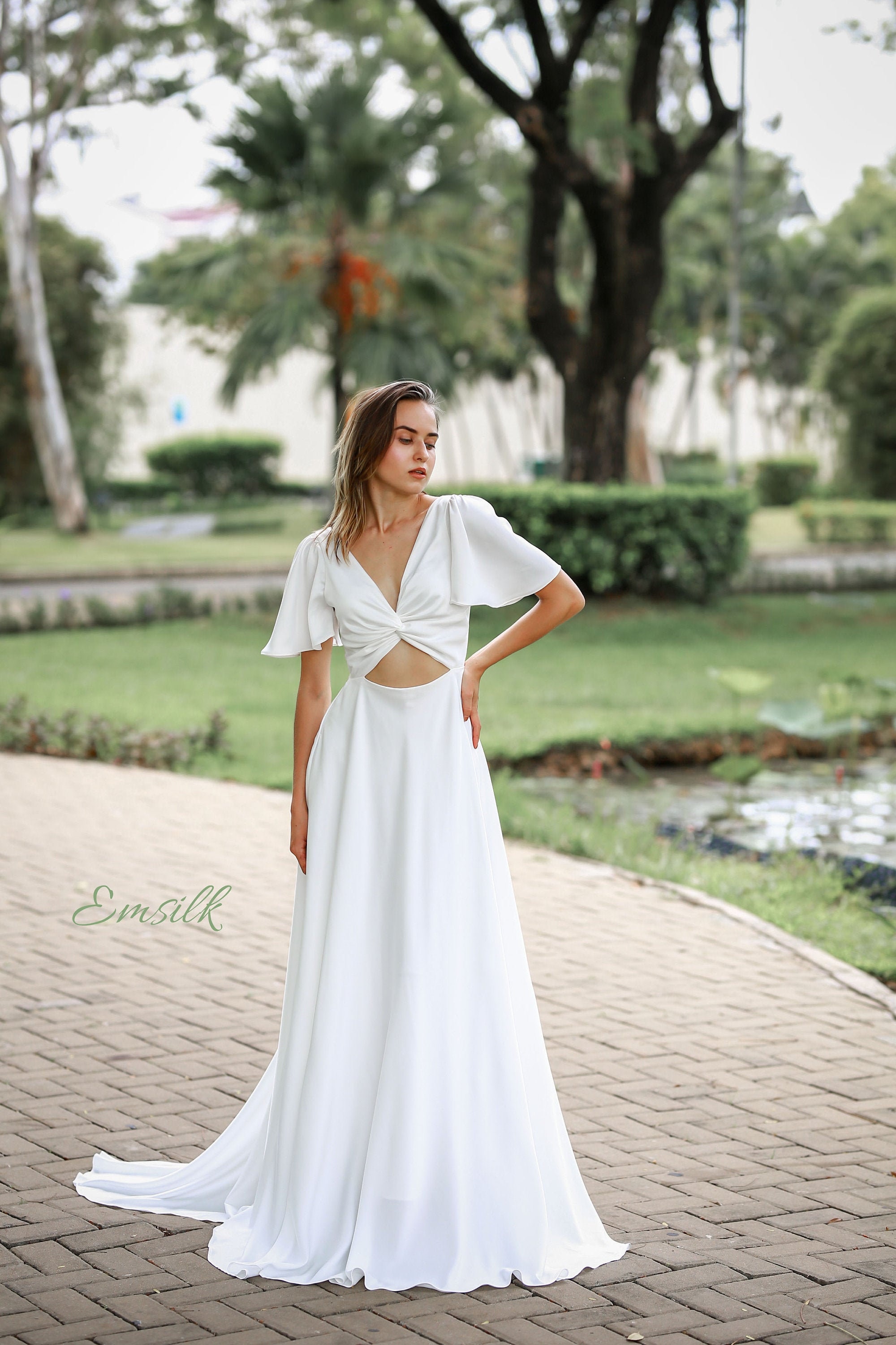 Ivory white 100% silk wedding dress/butterfly sleeves /twisted front/long train wedding dress/simple wedding dress/ tailormade wedding dress