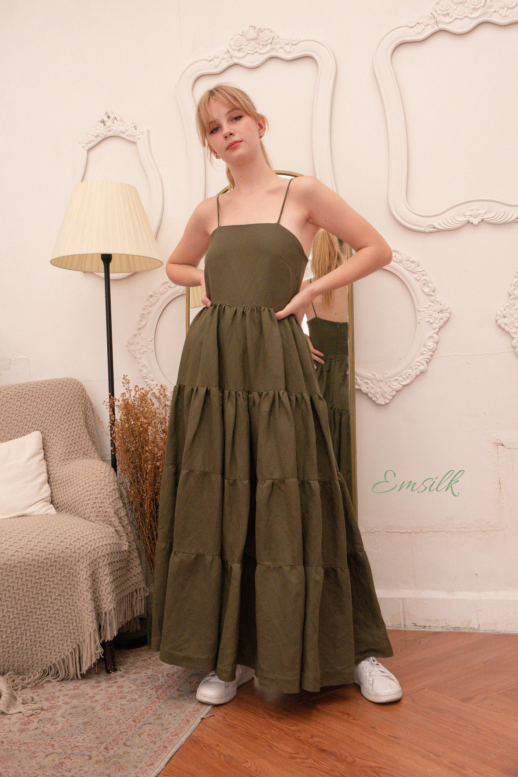 Dark Olive Green Linen Maxi Dress: Gathered Panel, Handmade Dark Olive Green Linen Maxi Dress: Gathered Panel, Handmade