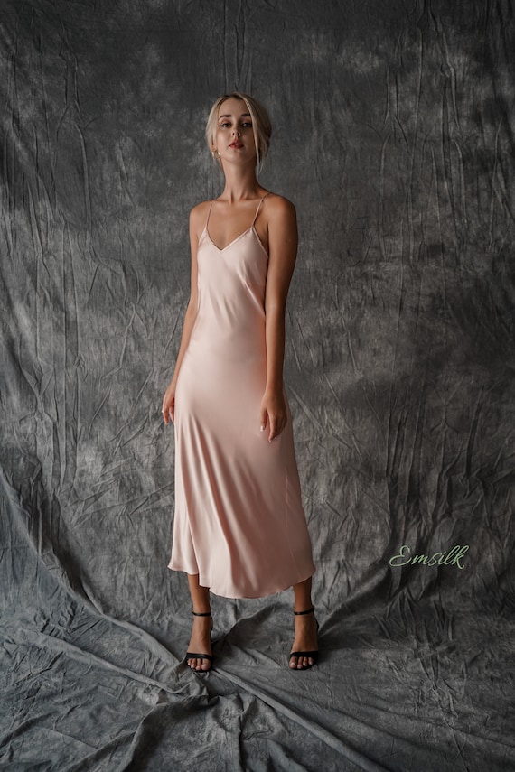 Bias Cut Long Slip pale Pink 100 Silk Slip Dress deep V Neck Dress bridesmaid Dress simple Party Dress summer Silk Dress long Silk Slip Etsy