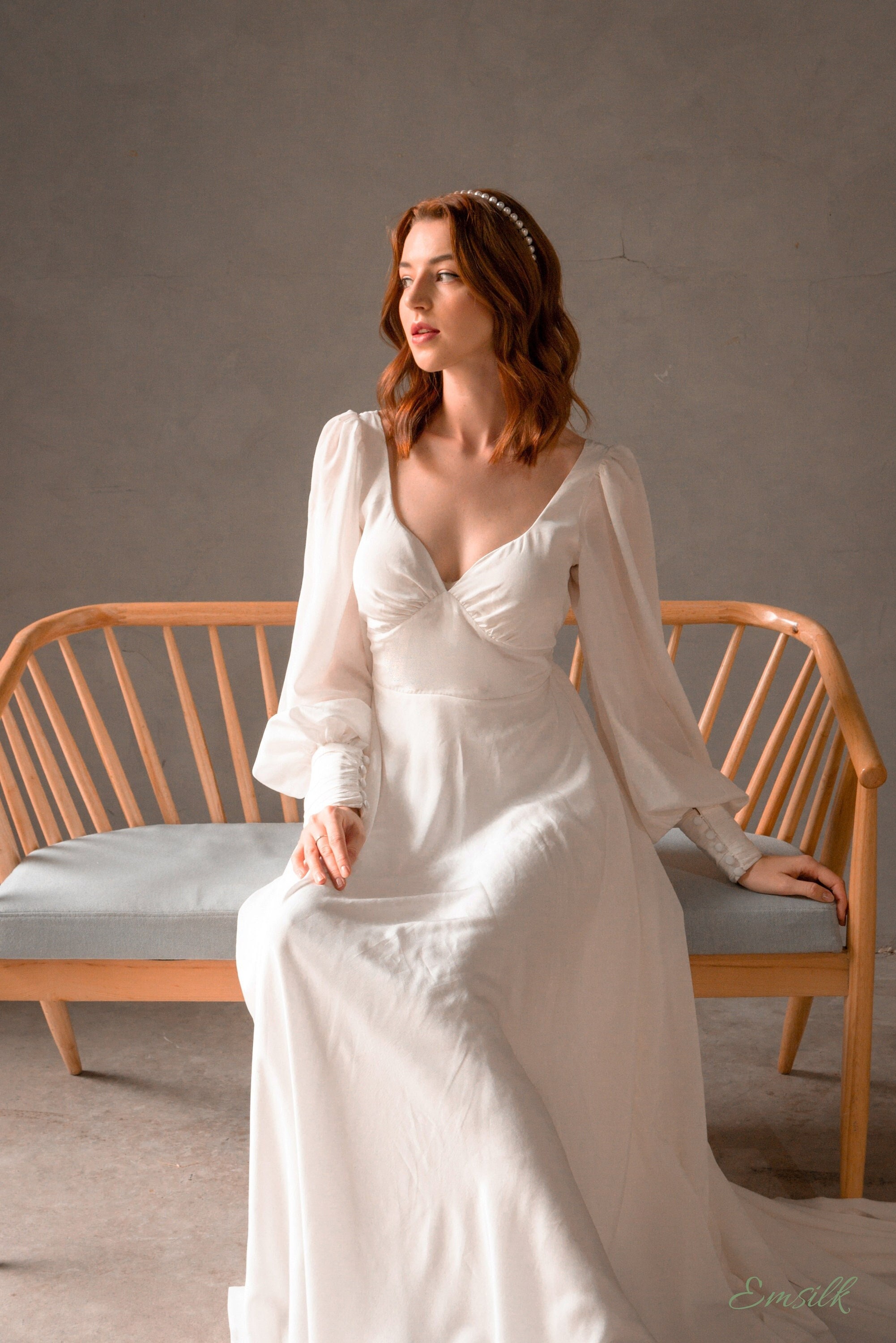 100% Silk Crepe Wedding Dress/long 