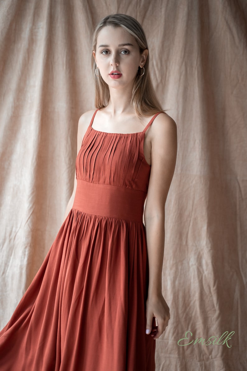 Rust Orange pleated Linen dress /linen summer dress/ Washed and soft linen dress/Apron style dress/Linen Tea dress/copper linen dress image 6
