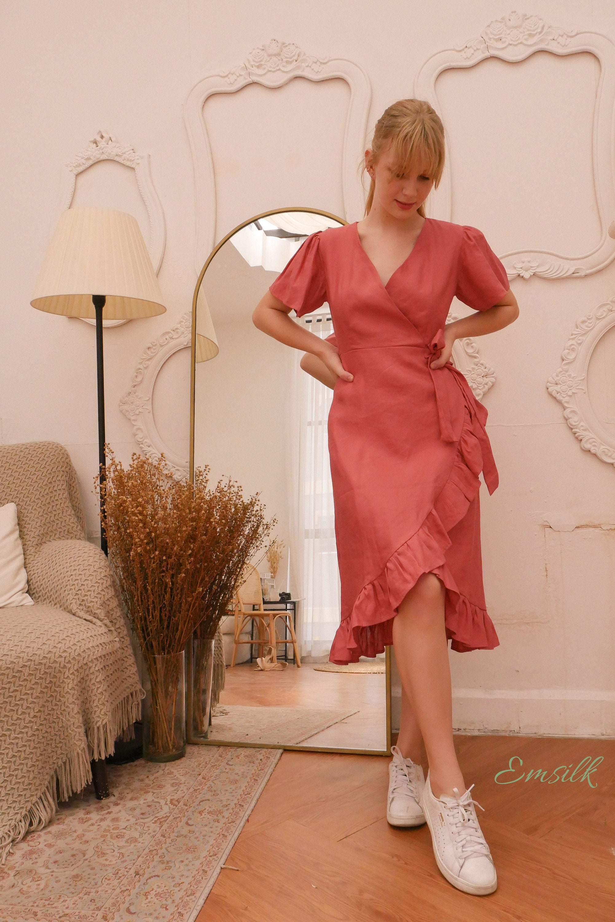 Raspberry Linen Wrap Dress: Ruffled Midi Tea Dress Raspberry Linen Wrap Dress: Ruffled Midi Tea Dress