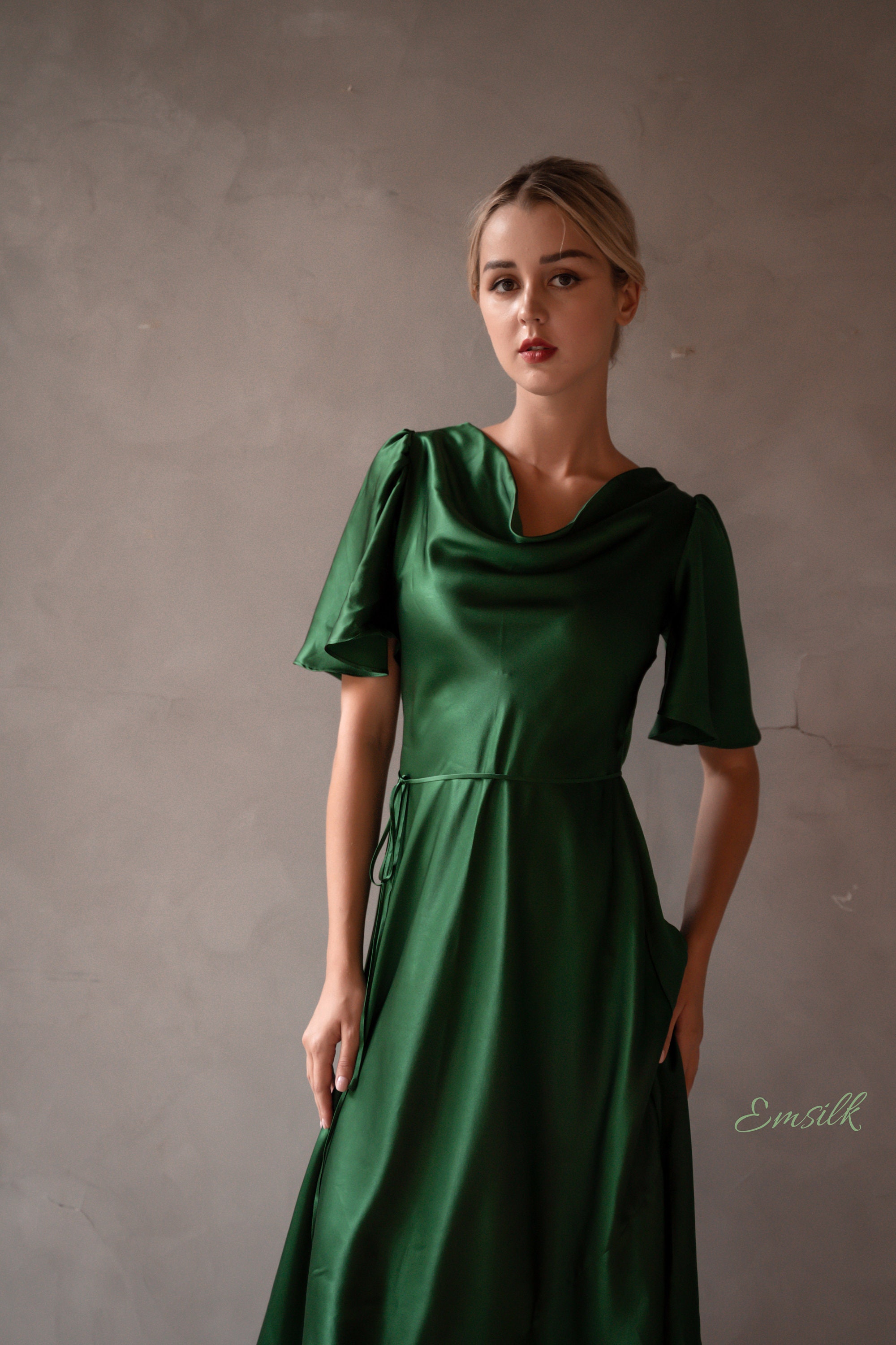 Rebellious Fashion satin cowl front ruched side mini dress in emerald green