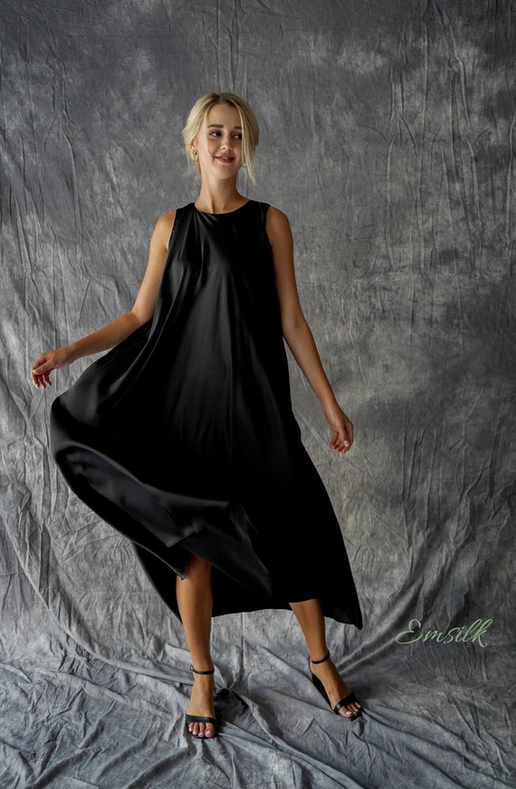 Oversize Black 100% Silk Slip Dress/maternity Dress/free Size Silk  Dress/long Bias Cut Silk Dress/winter Silk Dress/casual Silk Dress 