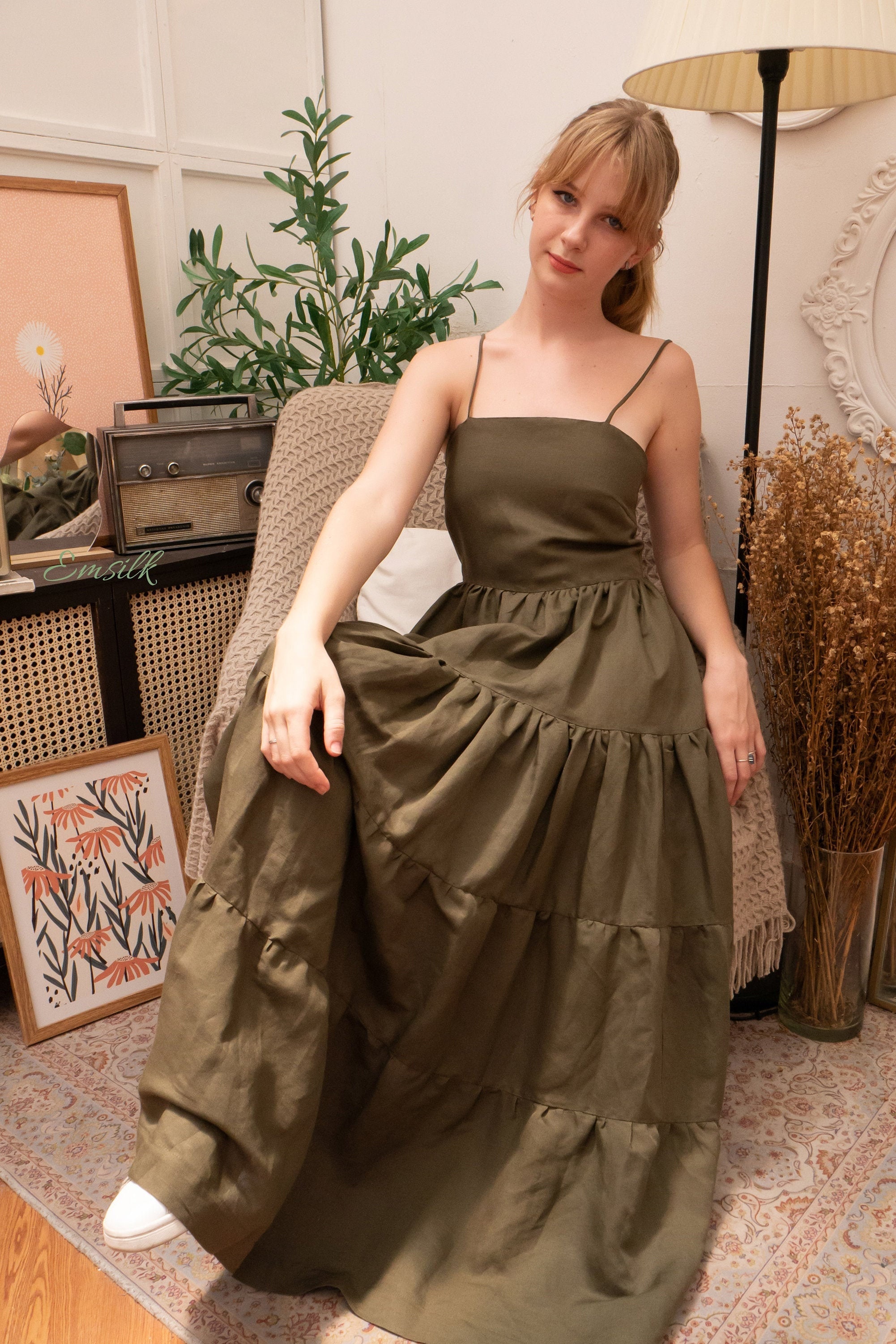 Dark Olive Green Linen Maxi Dress: Gathered Panel, Handmade