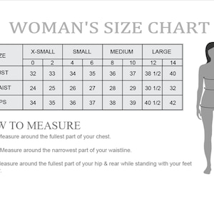 May include: A size chart for women's clothing with measurements for bust, waist, and hips in inches. The chart includes sizes from X-Small to Large.
