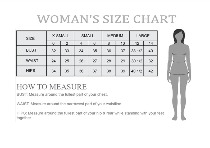 May include: A size chart for women's clothing with measurements for bust, waist, and hips in inches. The chart includes sizes from X-Small to Large.