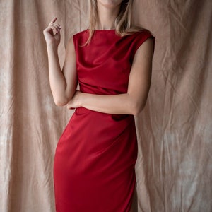 Burgundy draped casual 100% silk dress/women silk dress/pencil silk dress/side slit detail/boat neckline/women work dress/red silk dress image 5