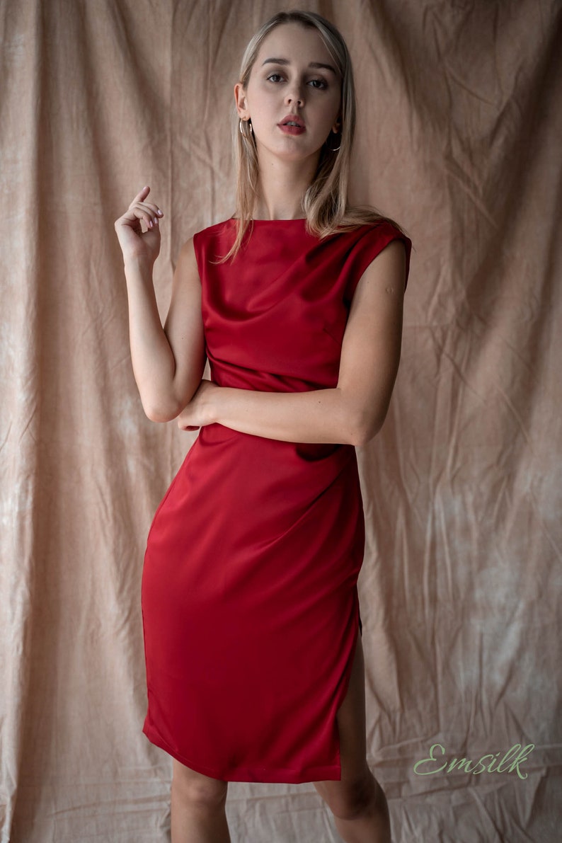 Burgundy draped casual 100% silk dress/women silk dress/pencil silk dress/side slit detail/boat neckline/women work dress/red silk dress image 5