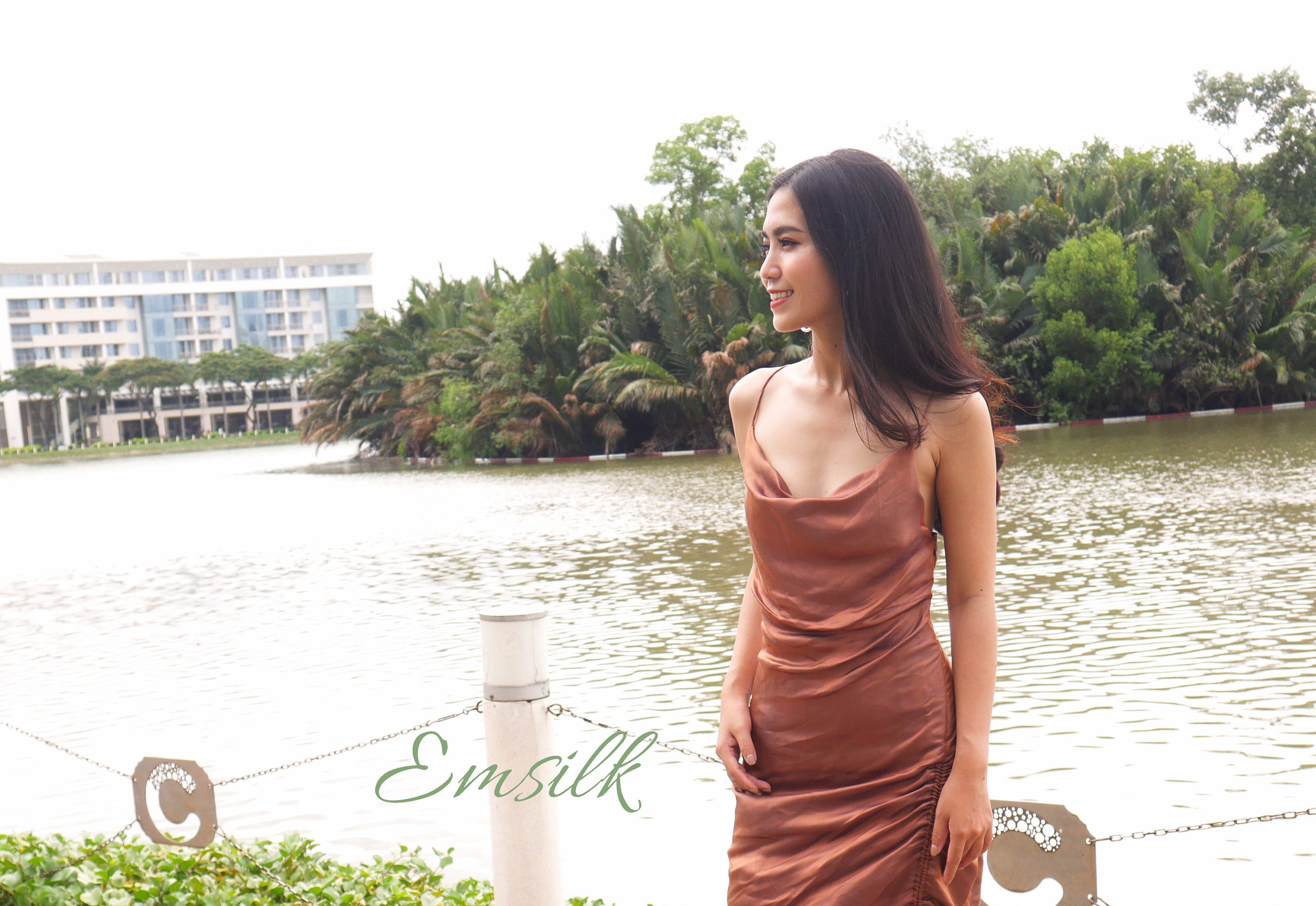 Handmade Rust Orange Silk Dress: Cowl Neck Party Dress