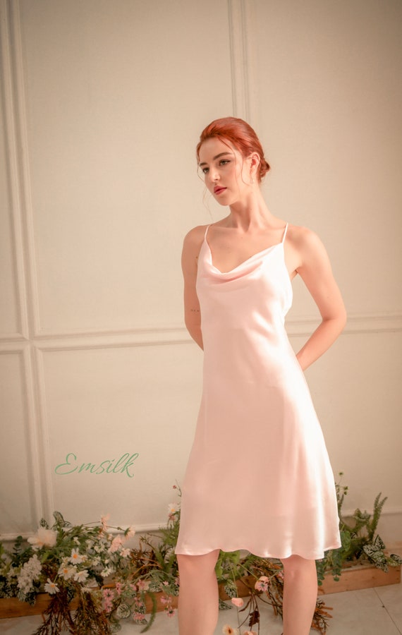 light pink silk slip dress 100 Percent Pure Silk Pale Pink Silk Slip Dress: Handmade Cowl Neck  Cocktail Gown
