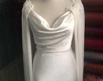 2 pcs Minimalist wedding dress with lace cape/Hand-stitched lace cape/100% pure silk charmeuse and chiffon