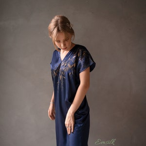 Hand-painted gold paint leaves on navy silk dress/oversized silk dress/women work dress/casual dress/simple women dress/gift for her image 4