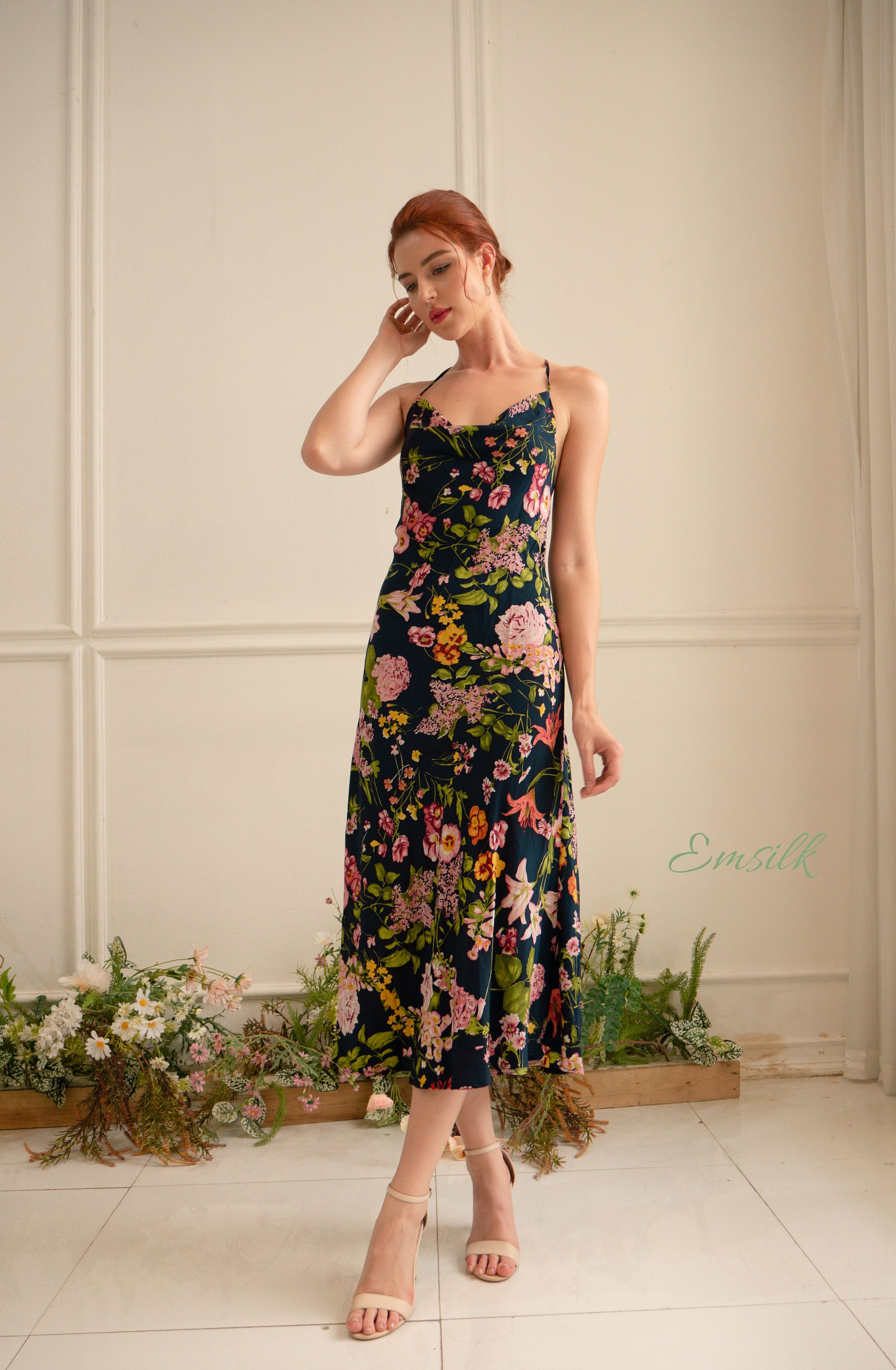 100 Percent Pure Silk Floral Silk Slip Dress: Handmade Navy Midi Dress