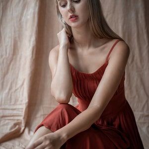 Rust Orange pleated Linen dress /linen summer dress/ Washed and soft linen dress/Apron style dress/Linen Tea dress/copper linen dress image 9