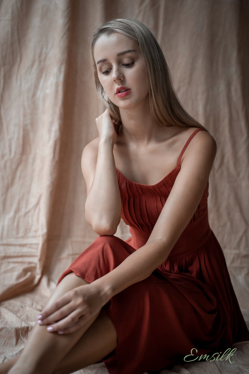 Rust Orange pleated Linen dress /linen summer dress/ Washed and soft linen dress/Apron style dress/Linen Tea dress/copper linen dress image 9