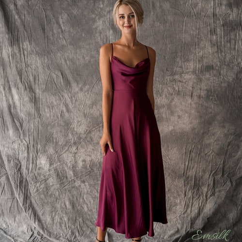 Dark Purple Cowl Neck Silk Satin Maxi Length Slip Dress,adjustable  Spaghetti Straps,eggplant Date Night,grape Open Back Silky Bridesmaid - Etsy