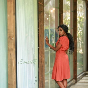 Rust Orange straw string gathered shoulders Linen dress /linen summer dress/ Washed and soft linen dress/Apron style dress/Linen Tea dress image 9