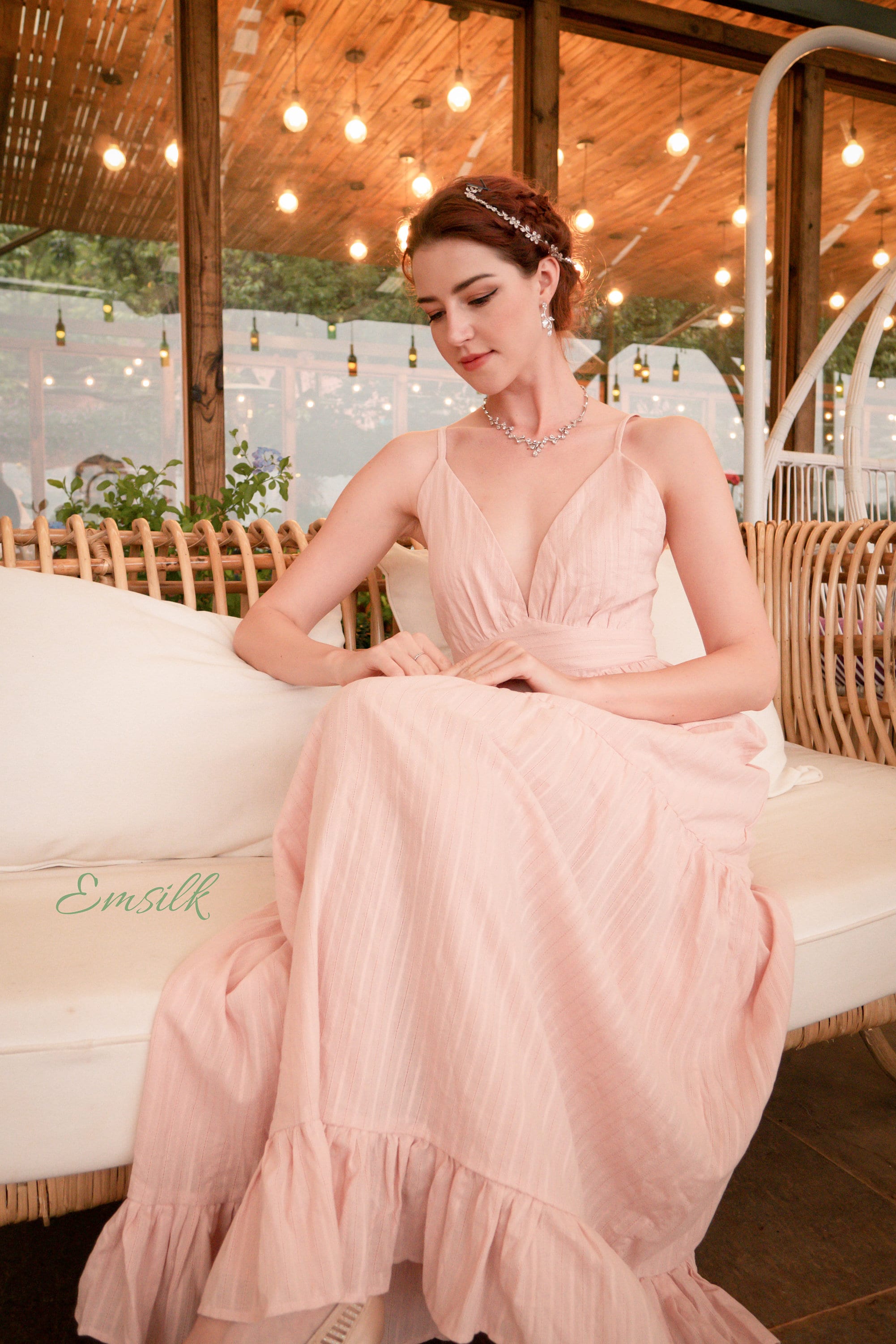 Embroidered Cotton Maxi Dress: Pale Pink Summer Dress with Ruffles Embroidered Cotton Maxi Dress: Pale Pink Summer Dress with Ruffles
