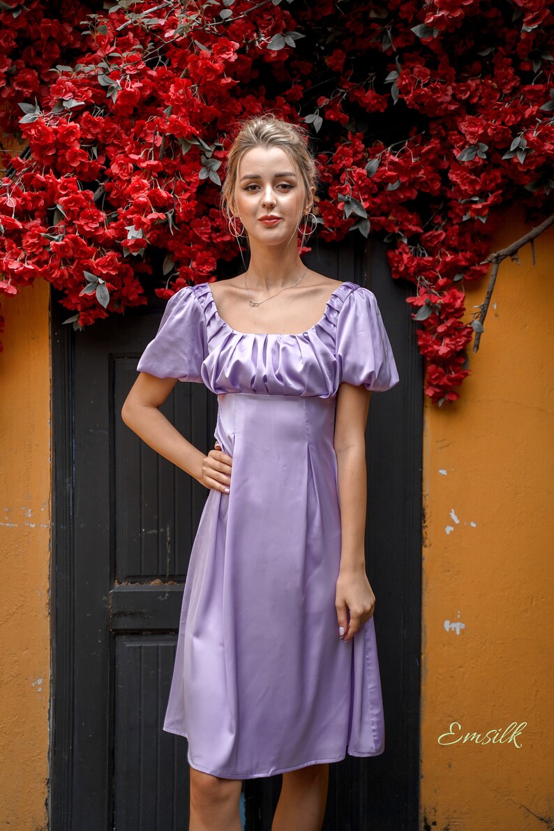 Lavender Pale Purple Puffed Sleeves Silk Dress/100 Charmeuse Etsy