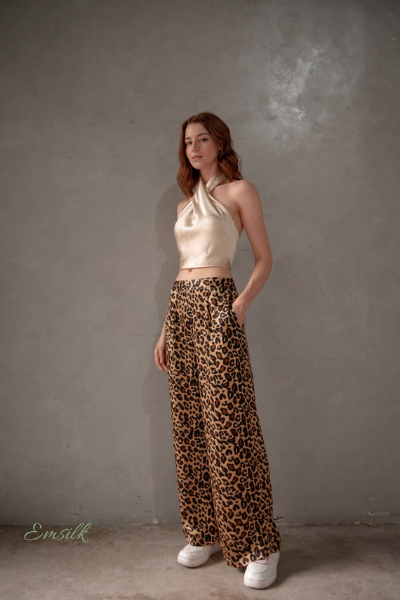 Leopard Print 100% Pure Silk Pants/high Waist Pants/fall Outfit