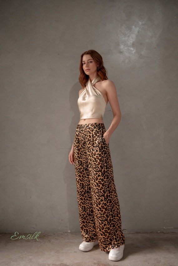 Leopard Print 100% Pure Silk Pants/high Waist Pants/fall Outfit/women  Trouser/fall Trend/long Silk Pants/satin Silk Trouser/loose Fit Pants 