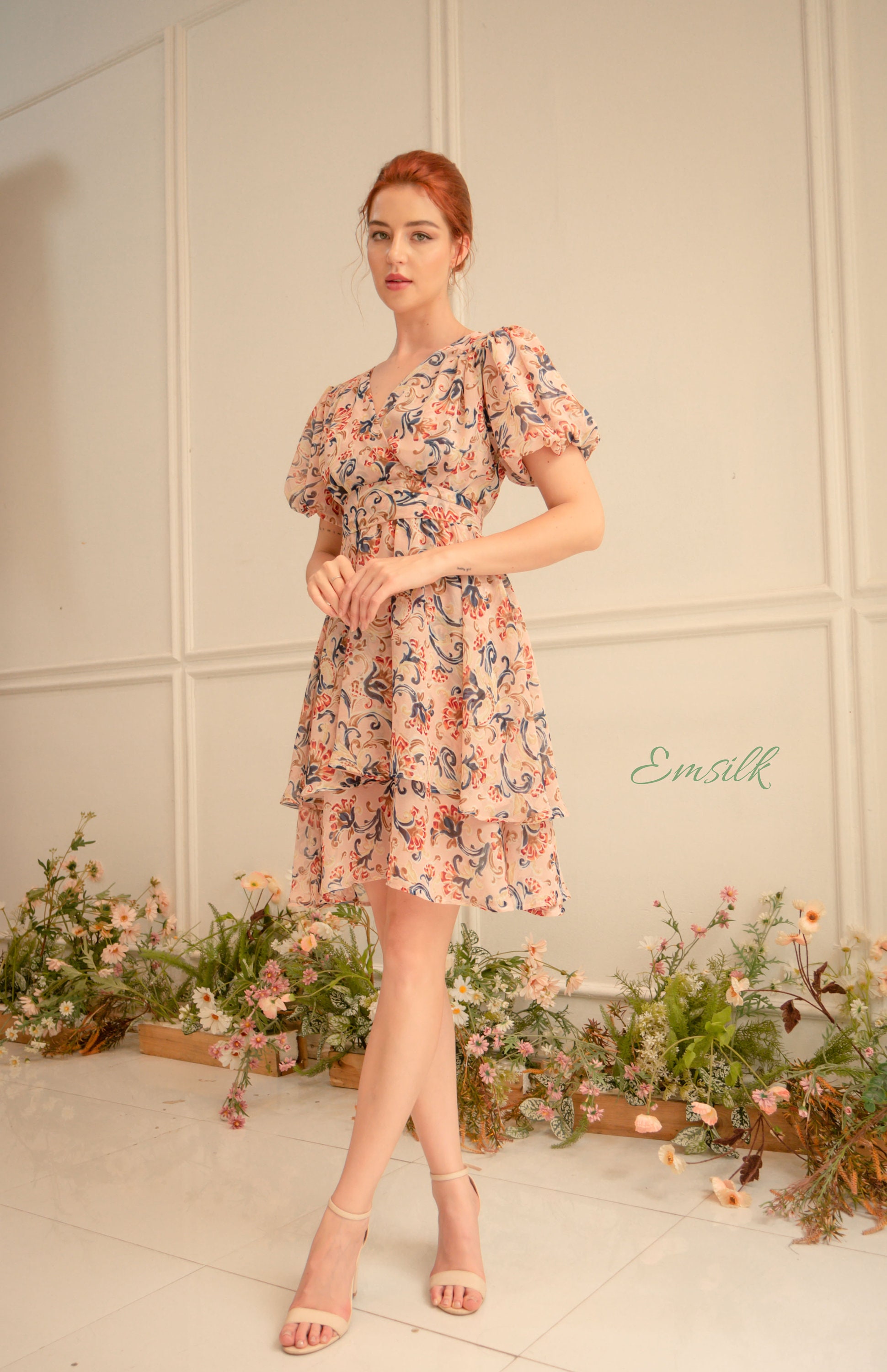 light pink floral chiffon frill micro mini dress Peach Dress: Ruffle Hem Summer Beginning boutique SUMMER26PROMO Karley Sequin Maxi Dress Sheen:Satin midis and maxis are