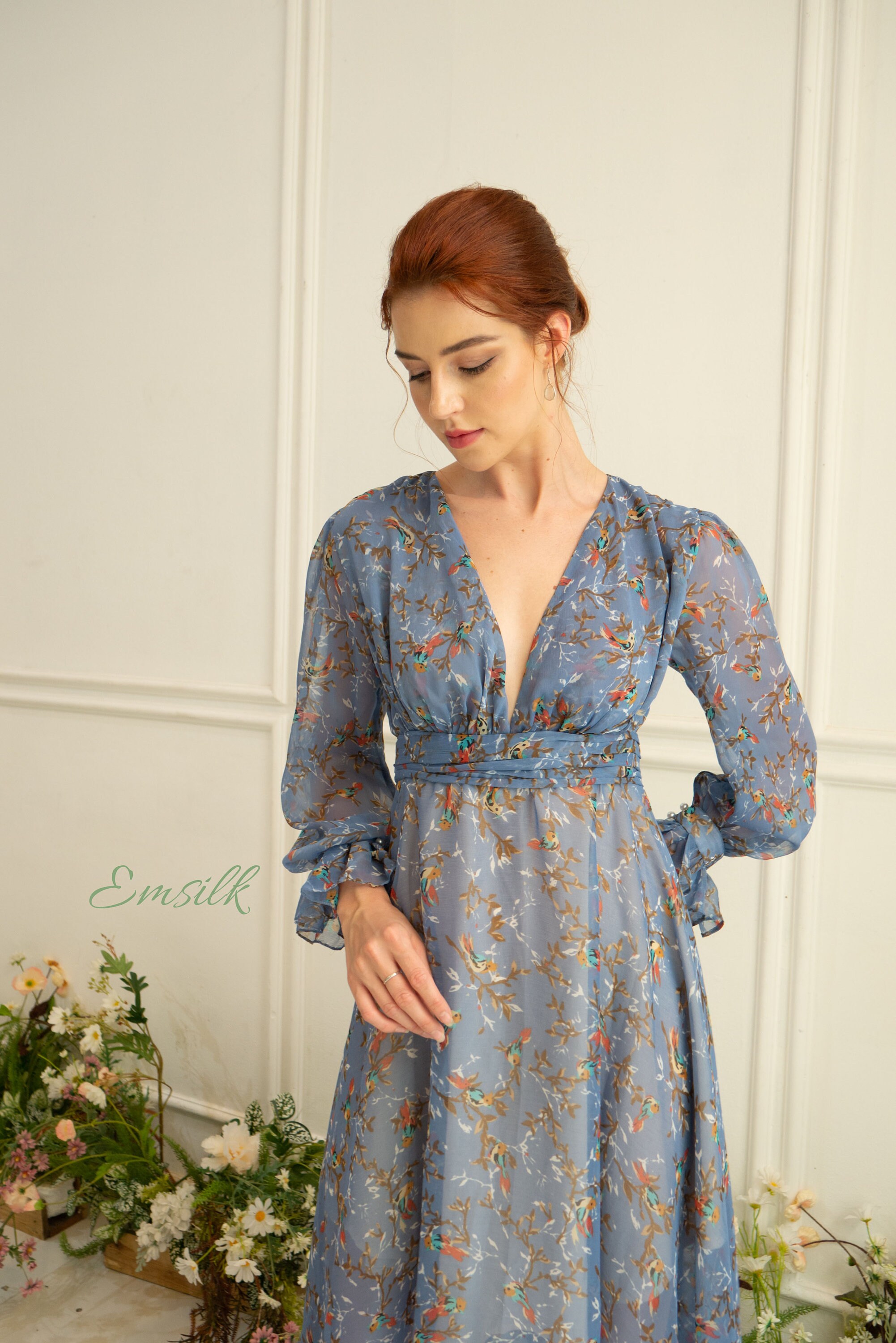 Blue Chiffon Dress/summer Chiffon Dress/floral Chiffon Dress