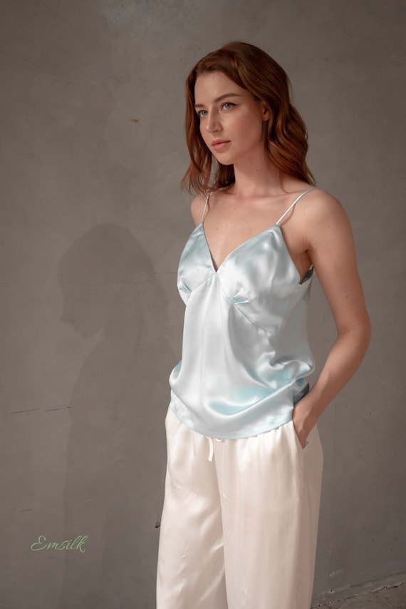 100% Silk Camisole Top/real Silk Top/blue Satin Silk Top/spaghetti  Straps/tank Top/women Summer Top/crop Top /adjustable Crossed Straps 