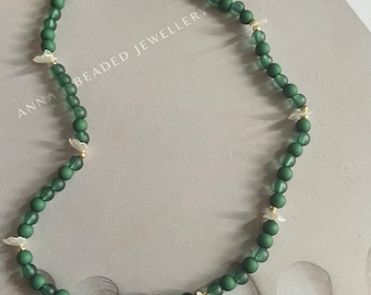 Shell necklace beaded necklaces, green beaded necklace, faux shell necklace choker, gift for her