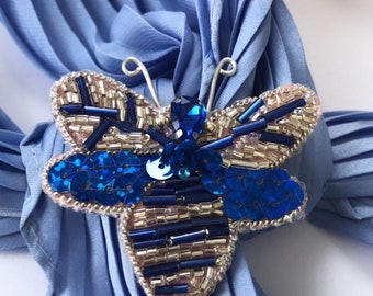 Bee  floral brooch blue embroidery art  brooch pin moth butterfly pin exclusive embroidery gift or accessory piece of jewellery