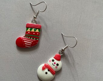 Christmas sock snowman earrings, dangle earrings, snowman earrings, Christmas stocking earring’s gift for her