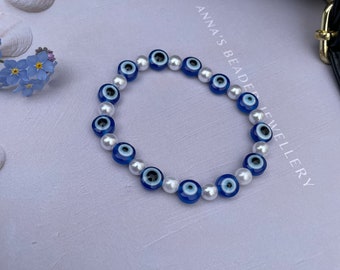 Evil eye protection bracelet, faux Pearl evil eye bracelet, spiritual healing bracelet