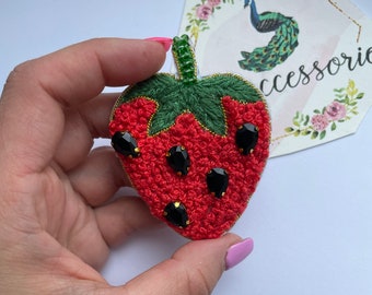 Strawberry brooch pin, handmade beaded embroidered brooch pin, mix technique embroidered brooch, summer brooch, strawberry jewelry