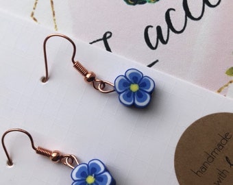 Blue Flower Dangle Earrings, Blue Flower Drop earrings, forget me not vintage girls earrings, Christmas stockings,