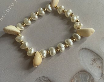 Faux Pearl beaded shell bracelet, sea shell bracelet, gold bracelet, gift for her