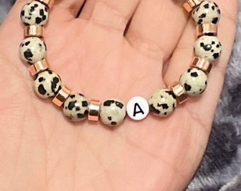 Dalmatian jasper personalised letter bracelet, rare bracelet, beaded healing bracelet, protection joy magic healing bracelet