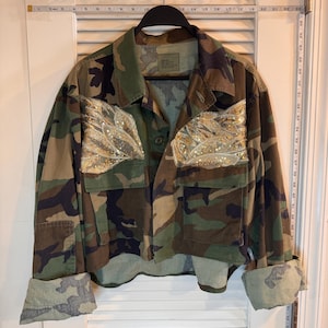 Upcycled Camo Jacket with Gold Sequin Wings – One of a Kind Cropped Military Style