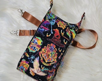 H2GO HP Watercolor Houses custom fabric, water bottle carrier, crossbody purse with card slots, webbing strap & waterproof canvas liner