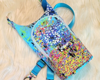 H2GO sling bag NSFW themed fabric, H2O2GO water bottle carrier, crossbody purse with card slots, webbing strap & waterproof canvas liner