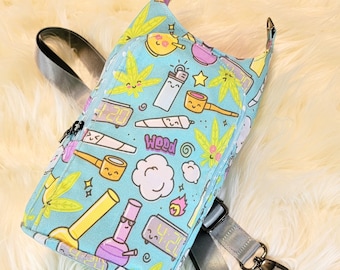 H2O2GO sling bag 420 chibi kawaii fabric, water bottle carrier, crossbody purse with card slots, webbing strap & waterproof canvas liner