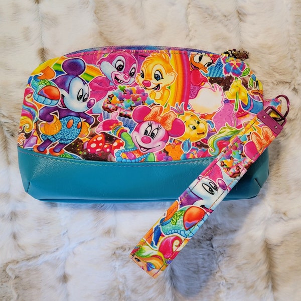 Handmade wristlet clutch with removal strap, Lisa Frank style inspired custom cartoon themed fabric, neon nineties era