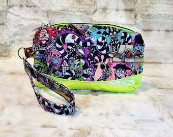 Handmade wristlet clutch with removal strap keyfob, Horror Movie themed Beetlejuice, matching headband