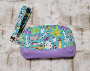 Handmade wristlet clutch with removal strap, 420 marijuana Mary Jane themed custom fabric, puff puff pass chibi, kawaii pot characters
