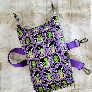 H2O2GO Frankenstein Monster and his Bride purple custom fabric print sling crossbody bag water bottle carrier, H2Go, purse