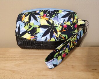 Handmade wristlet clutch with removal strap, 420 marijuana Mary Jane themed custom fabric